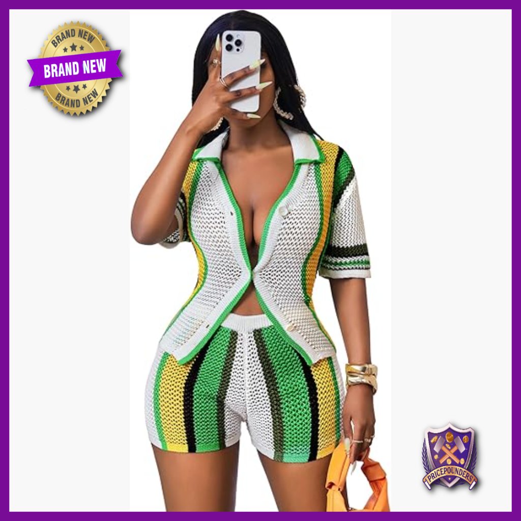 Women's 2 Piece Knit Hollow Out Short Set V Neck Button Down Shirt